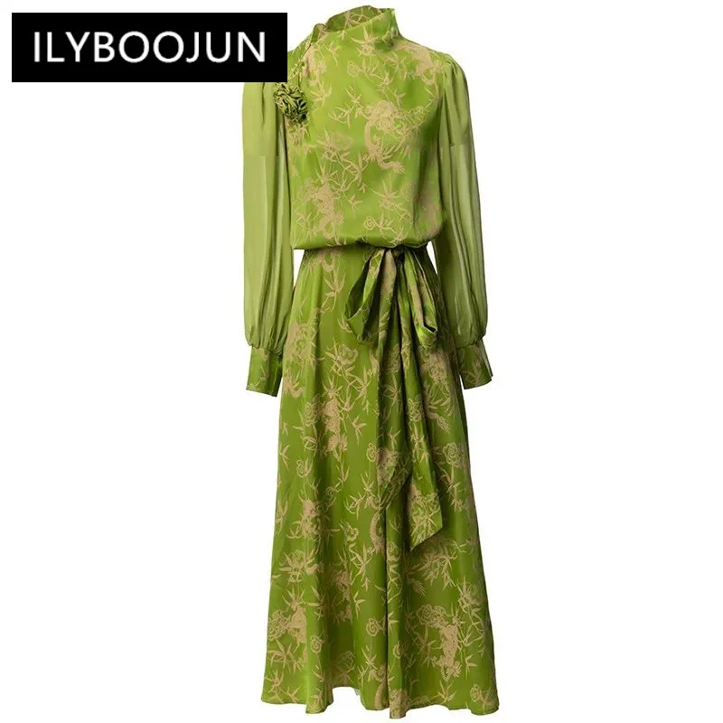 

ILYBOOJUN Fashion Women's New Diagonal Collar Lantern Long-Sleeved Vintage Three-Dimensional Floral Lace-Up Printed MIDI Dress