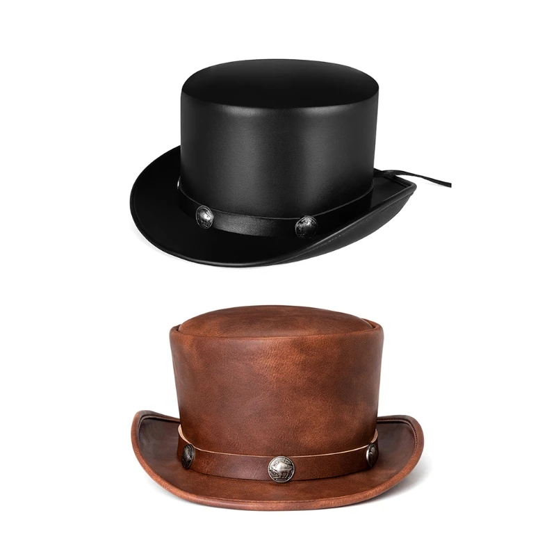 Women Men Dress Hats Cosplay Retro Hat Punk New Industrial Retro PU Dome Unisex Magic Hat Gentleman Party Top Hat