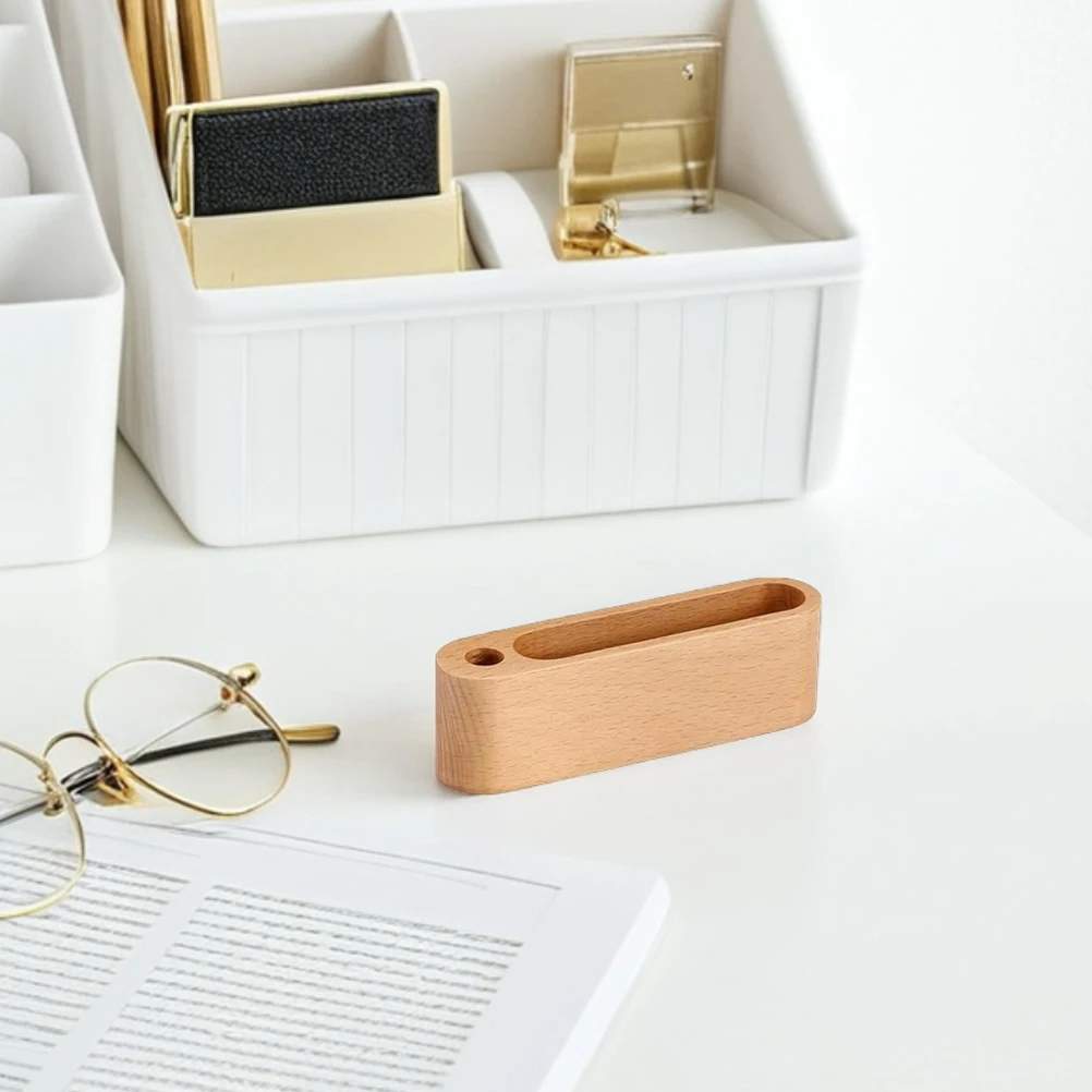 

2 Pcs Solid Wood Business Card Holder and Pen Buisness Desktop Beech Tray Dispenser Office