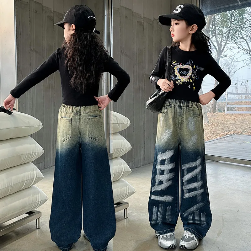 Kids Jeans for Girls Fashion Graffiti Dyeing 2024 Spring Autumn Hot Sales Teenager Unique Wide Leg Pants Korean Style Trousers