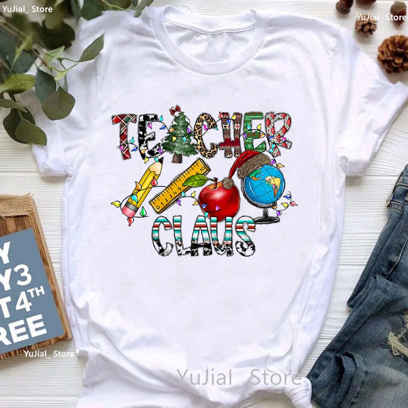 

Christmas Teacher Claus Graphic Print T Shirt Women'S Clothing Merry Xmas Gift Tshirt Femme Apple Leopard Hot T-Shirt Female