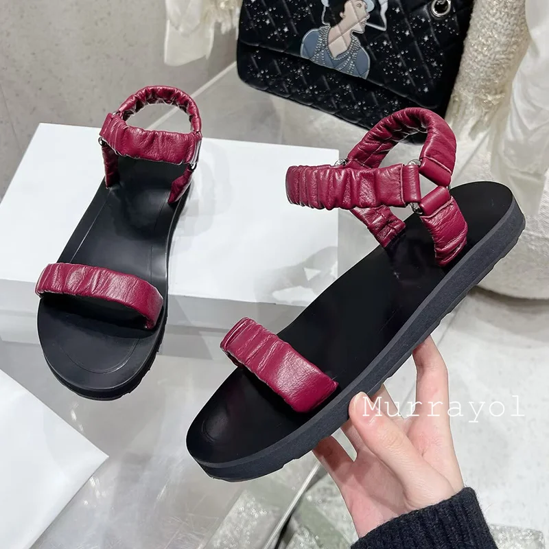 여성용 천연 가죽 원 스트랩 플랫 바텀 샌들, 주름 디자인 백 스트랩 샌들, 여름 오픈 토 비치 슈즈, 글래디에이터