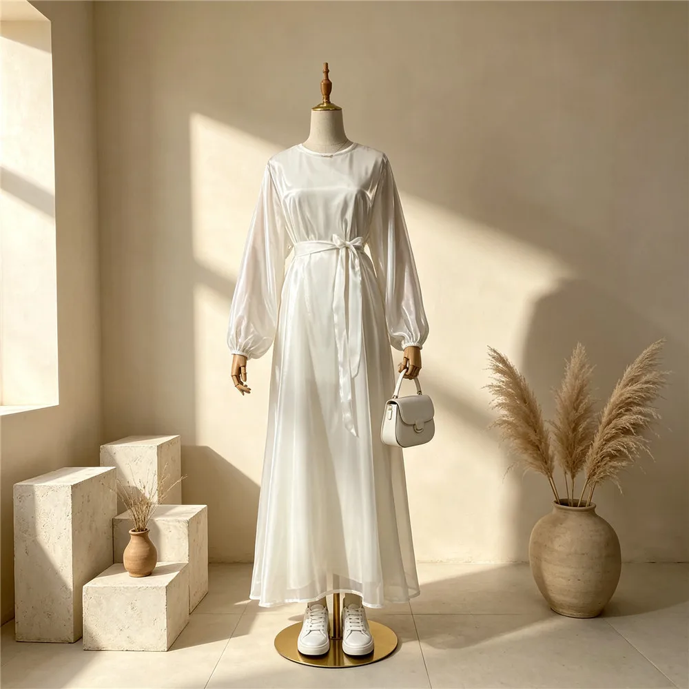 New Dubai Women Solid Color Satin Shimmer Maxi Dress Simple Elegant Long Sleeve Dress Modest Party Islamic Kaftan Loose Clothing