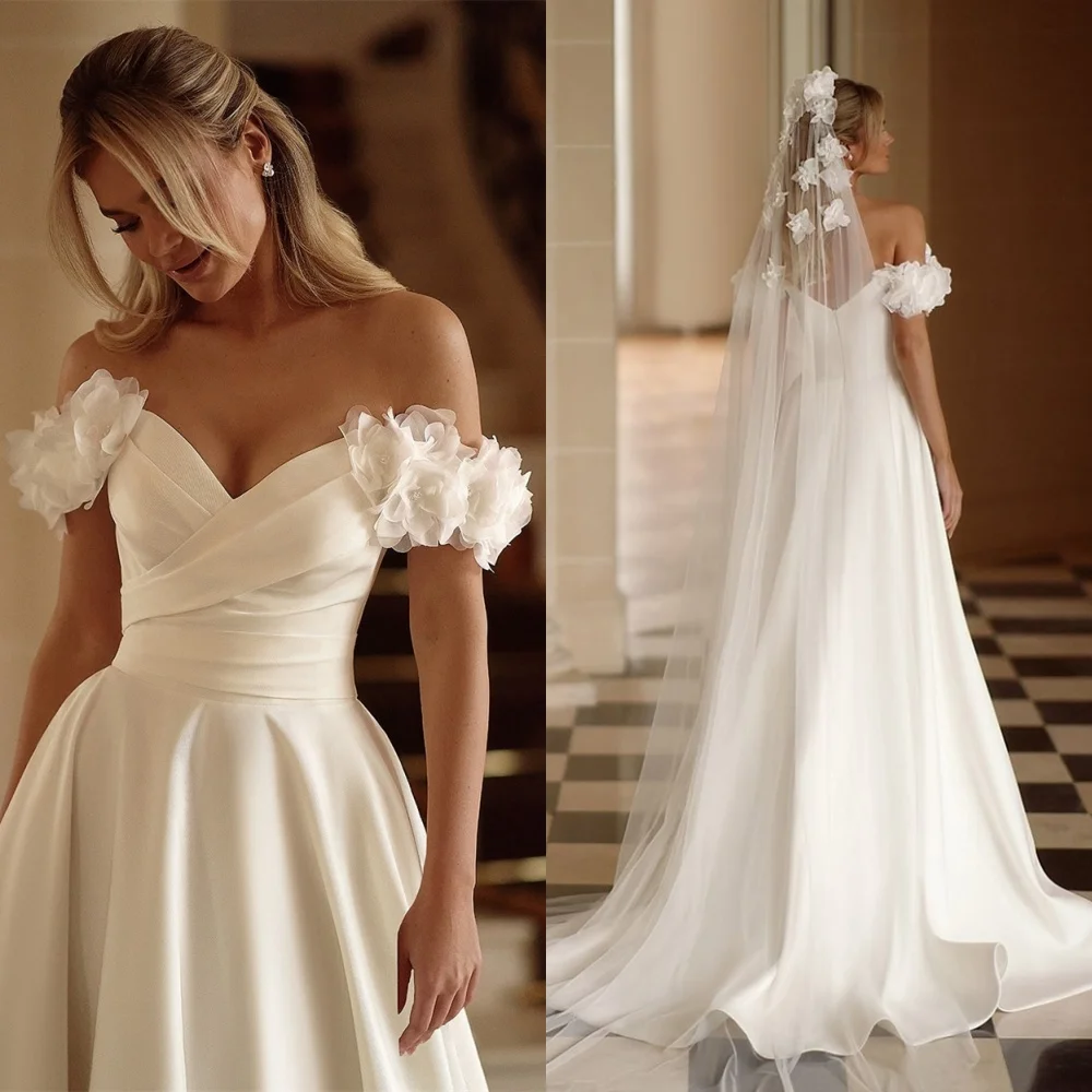

Customized Elegant White Satin Wedding Dress Simple Strapless Off the Shoulder Short Sleeves Bridal Gowns Chapel Train Dress