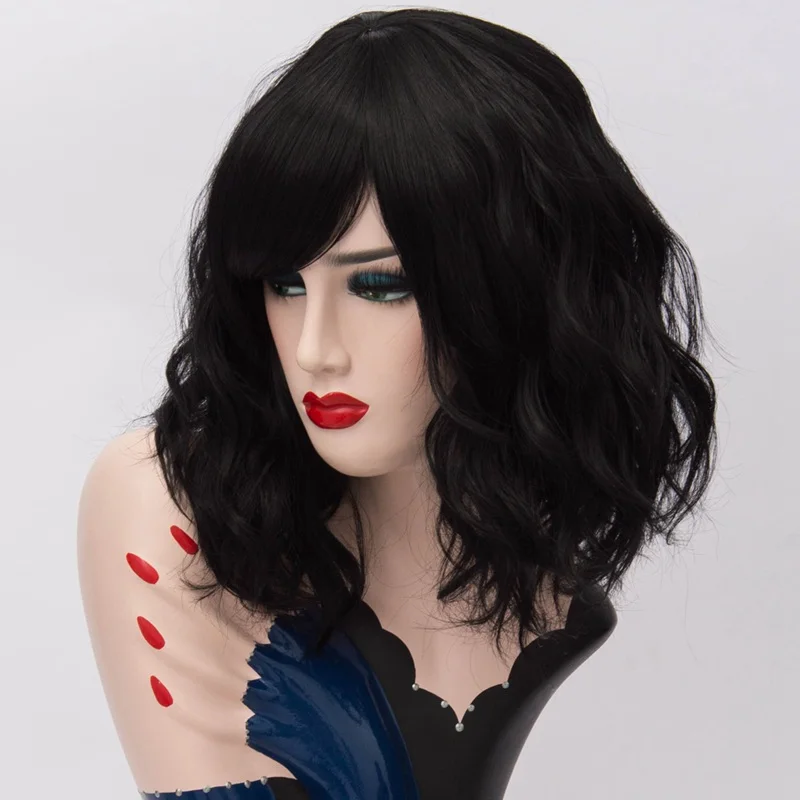 MSIWIGS Wig Hitam Sintetis Pendek Bergelombang Wanita dengan Poni Samping Tahan Panas untuk Cosplay Halloween & Pesta