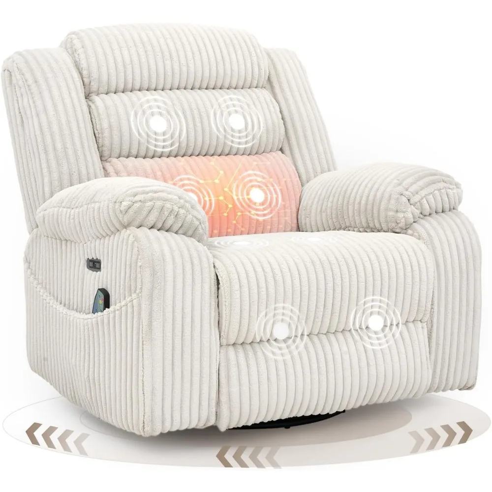 Vibration & Heat Swivel Rocker Recliner for Adults - USB & Type-C Charging, Glider Rocking Chairs for Living Spaces
