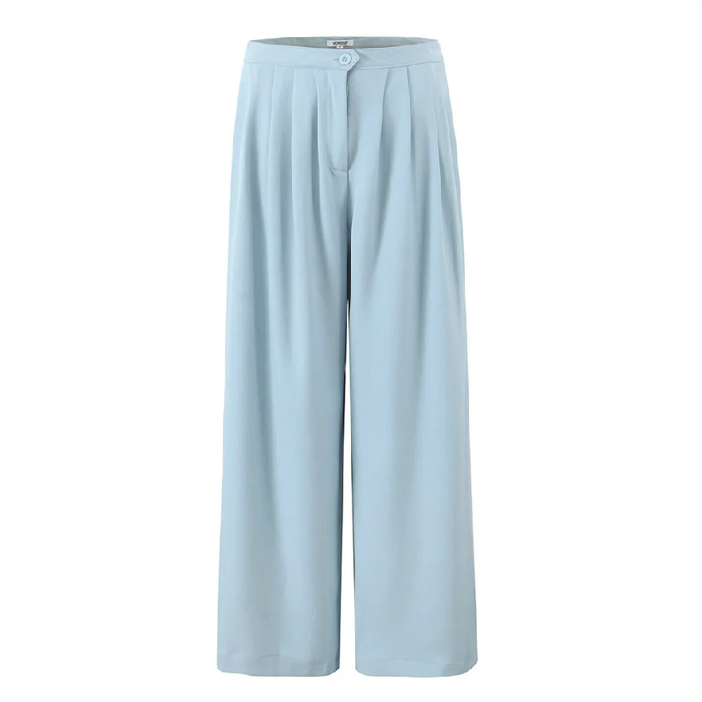 

Light Blue White Woman High Waist Front Ruched Straight Wide Leg Pants Long Bottom Business Trousers
