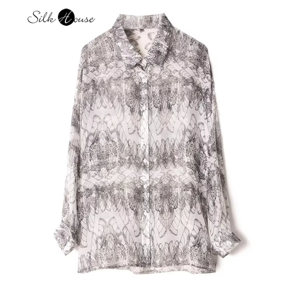 

Женская модная весенняя одежда 2026: Универсальная повседневная свободная рубашка из 100% натурального шелкового жоржета с отложным воротником и длинным рукавом