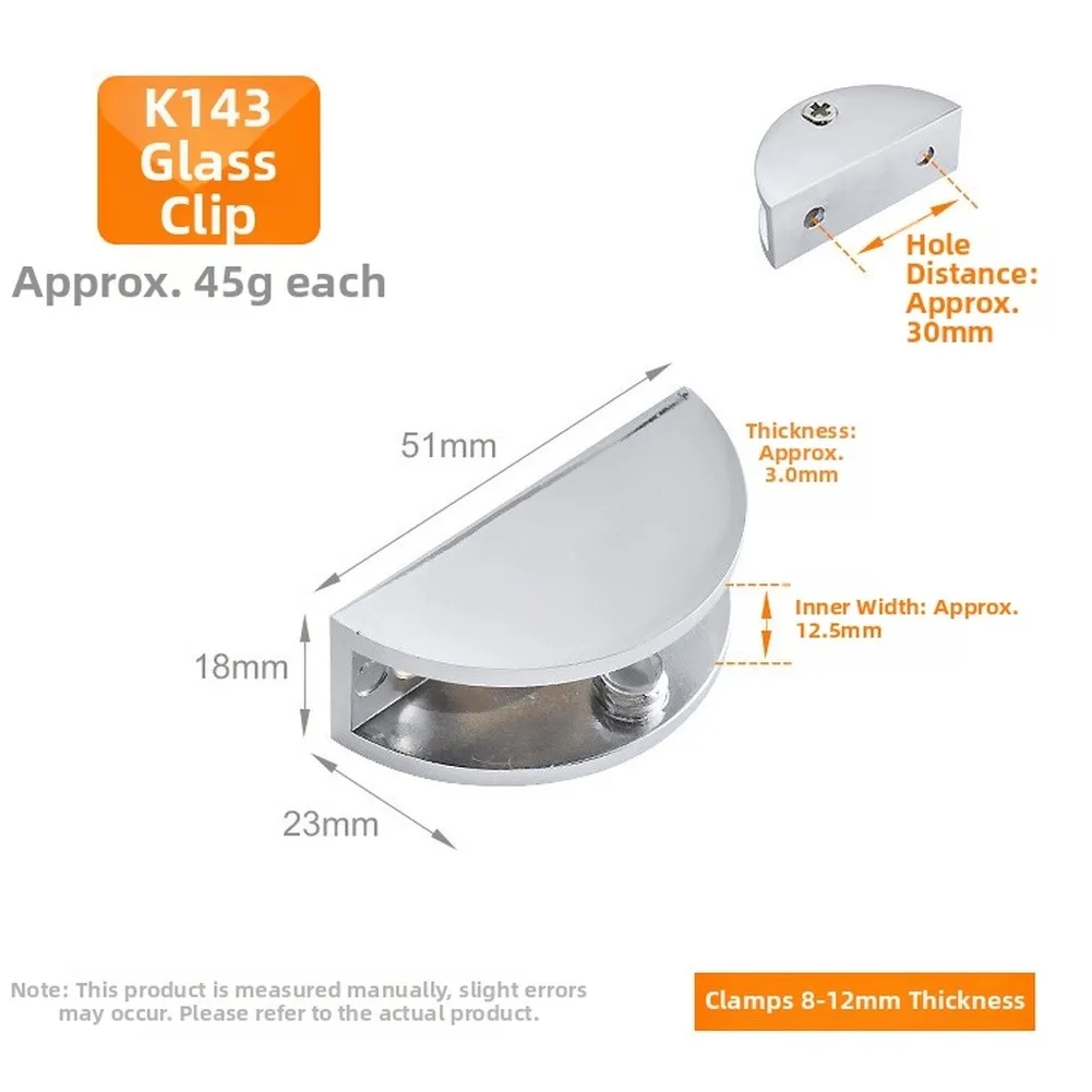 Zinc Alloy Glass Retainer Clamp for Securing Flat Glass Panels to Vertical Surfaces in Residential Shelving Setups