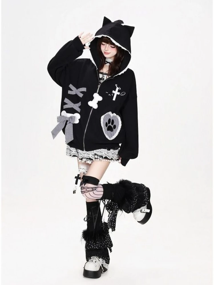 Sweet Gothic Cat Ear Hooded Sweatshirt Women Y2k Harajuku Subculture Loose Coat Winter Preppy Style Cute Fashion Jacket New
