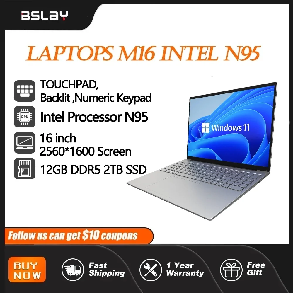 

Gaming Laptop 16inch N95 12GB RAM 2TB SSD DDR5 Win 11 M16 Metal Backlit Keypad Fingerprint Unlock HDMI HD Camera Computer PC