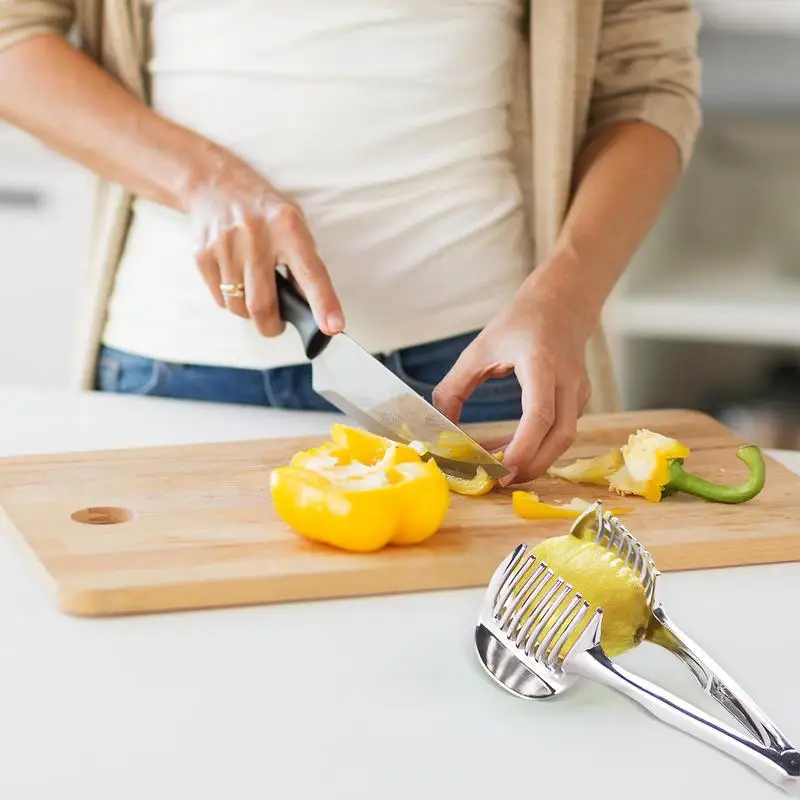 Lemon Cutter With Handle Stainless Multipurpose Handheld Round Fruit Tongs Egg Tomato Kiwi Slicer For Getting Even Slices