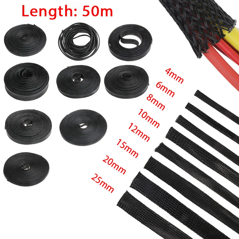 50M Black Insulated Braid Sleeving 4/6/8/10/12/15/20/25mm Tight PET Wire Cable Gland Protection Cable Sleeve