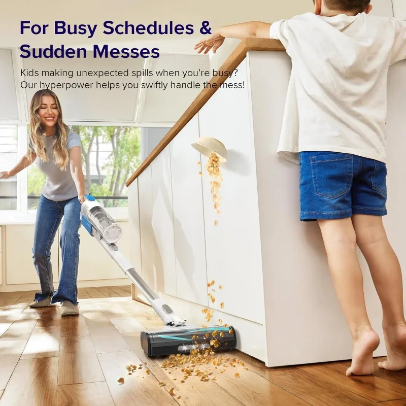 مكنسة كهربائية لاسلكية، عصا مكنسة كهربائية بتصميم مقاوم للتشابك، حتى 50 دقيقة، شفط قوي، قابلة لإعادة الشحن، خفيفة الوزن