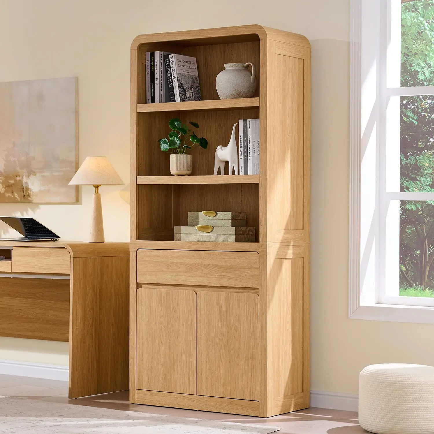 72" Tall Modern Bookshelf with Doors, 5-Tier Large Bookcase w/ Drawer, Wooden Storage Cabinet w/Adjustable Shelves