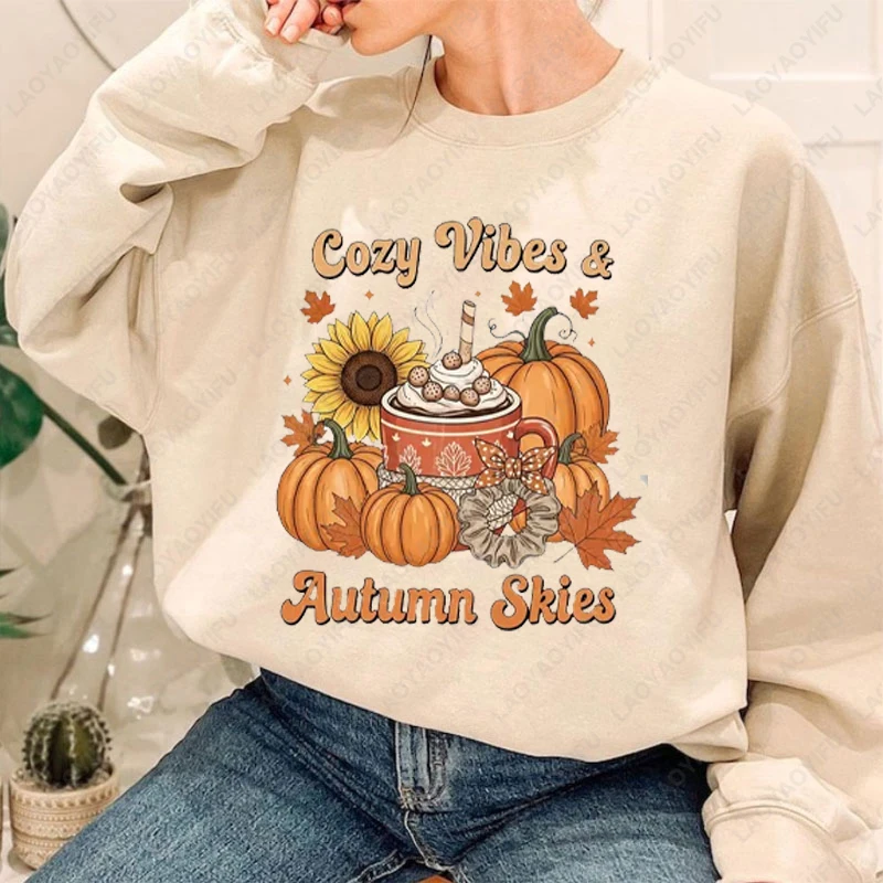 Cozy Vibes Fall Retro Pumpkin Skies Autumn Hoodie Season Thanksgiving Women Men Halloween Pullover Loungewear Funny Sweatshirt