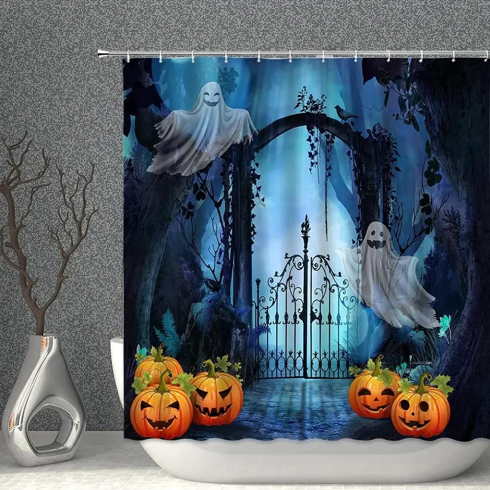 Halloween By Ho Me Lili Shower Curtain Ghost And Pumpkins In Fantasy Forest Decor Bathroom With Hooks