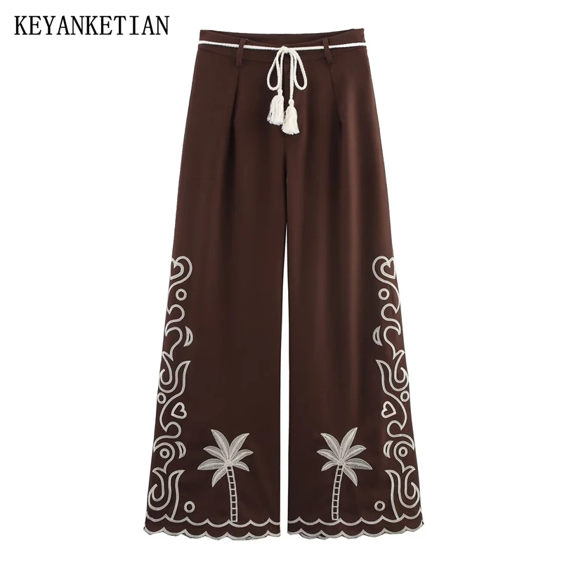 

KEYANKETIAN 2025 Spring/Autumn New Women's Embroidered Wavy Wide leg Pants Retro style Zipper High Waist With Belt Long Trousers