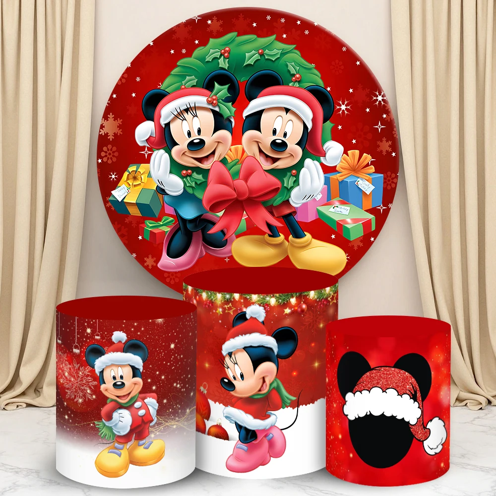 

Merry Christmas Disney Mickey Mouse Round Cylinder Backdrop Cover for Kids Party Decor Photograph Background Cylinder Cake Cover