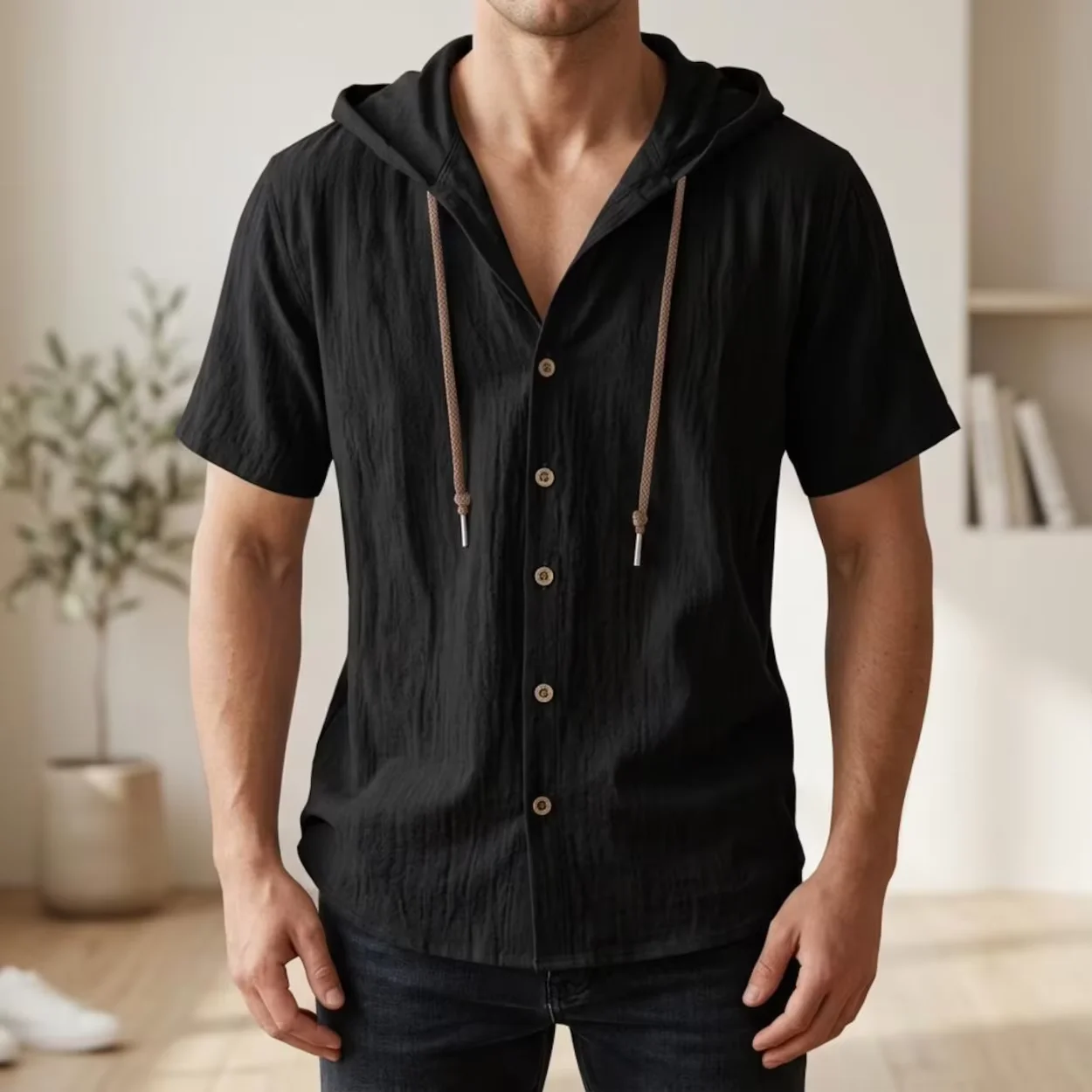 Men Drawstring Hooded Short Sleeve Shirt, Button Up Lightweight Casual Summer Beach Top