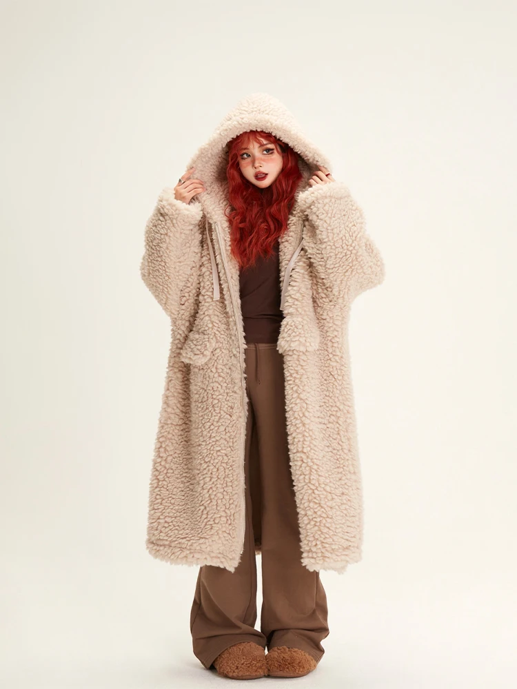 Simple Commuter Sweet Girl Lamb Wool Hooded Jackets Coats Fluffy Soft Thickened Warm Long Padded Coat Women Winter Oevercoats