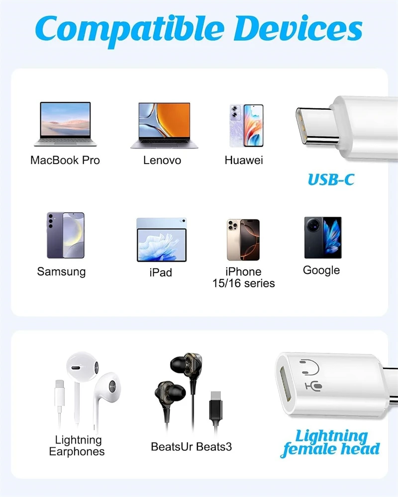 البرق أنثى إلى نوع C الصوت سماعات مهائي كابلات آيفون 17 16 15 برو ماكس آي باد ماك بوك سماعة Aux USB C محول