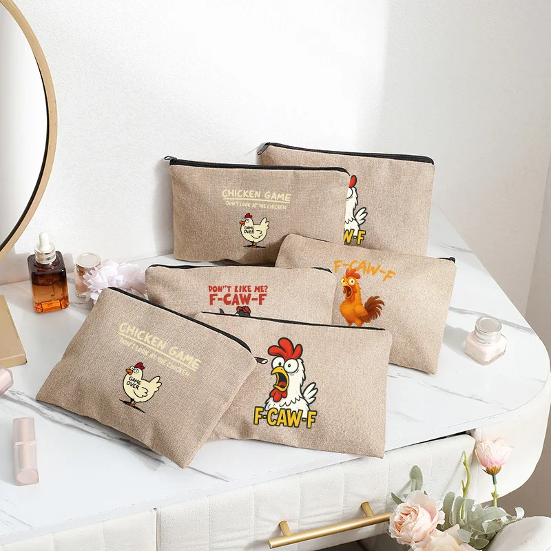 

2025 New F-CAW-F Chicken Cartoon Style Animal Meme Women Linen Makeup Bag Linen Cosmetics Bag Party Gift for Girlfriend