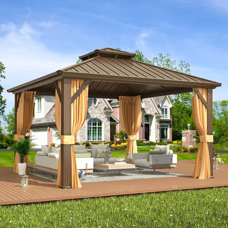 شرفة صلبة مقاس 10 × 12 قدم، إطار من الألومنيوم مع سقف مزدوج من الفولاذ، جناح خارجي مع ستارة وشبكة #2