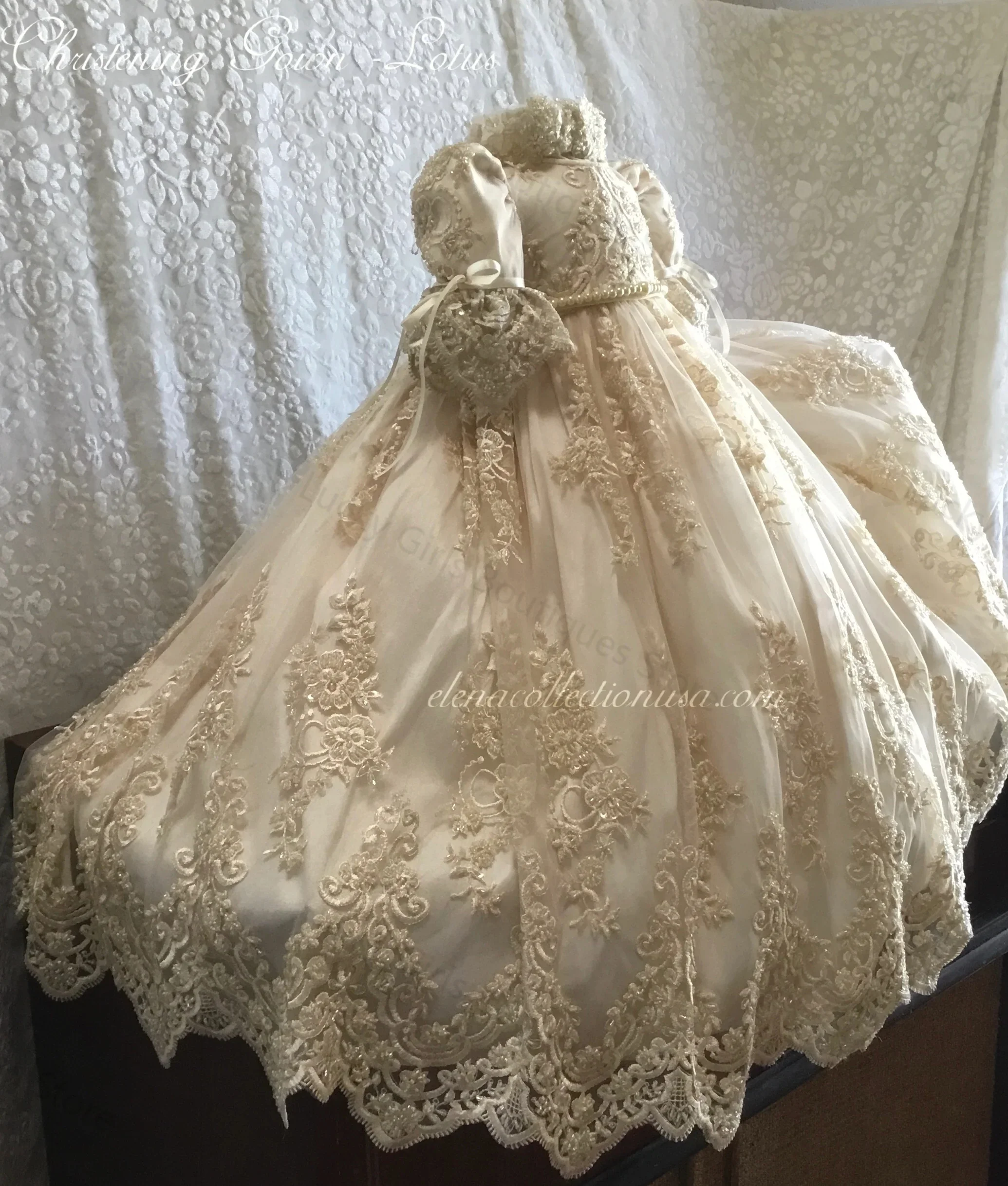 Light Champagne Christening Gowns Lace Appliques Baby First Communion Dresses Ruched Beads Newborn Toddler Baptism Dresses image 4