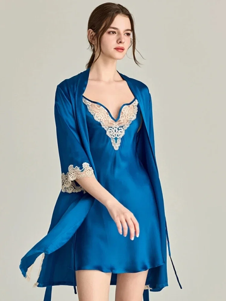 

100% Mulberry Silk Robe & Nightgown 2pcs Set Female Sheer Lace V Neck Sexy Lingerie Nightdress Bathrobe Nightwear Loungewear PJs