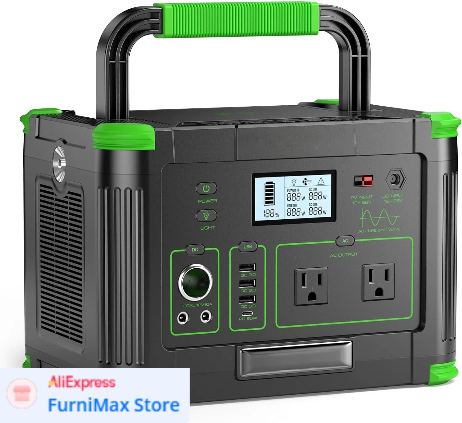 

Portable Power Station 1000W (Peak 2000W), 999Wh Solar Generator, 110V Pure Sine Wave AC Outlet with PD 60W USB-C Fast Charging
