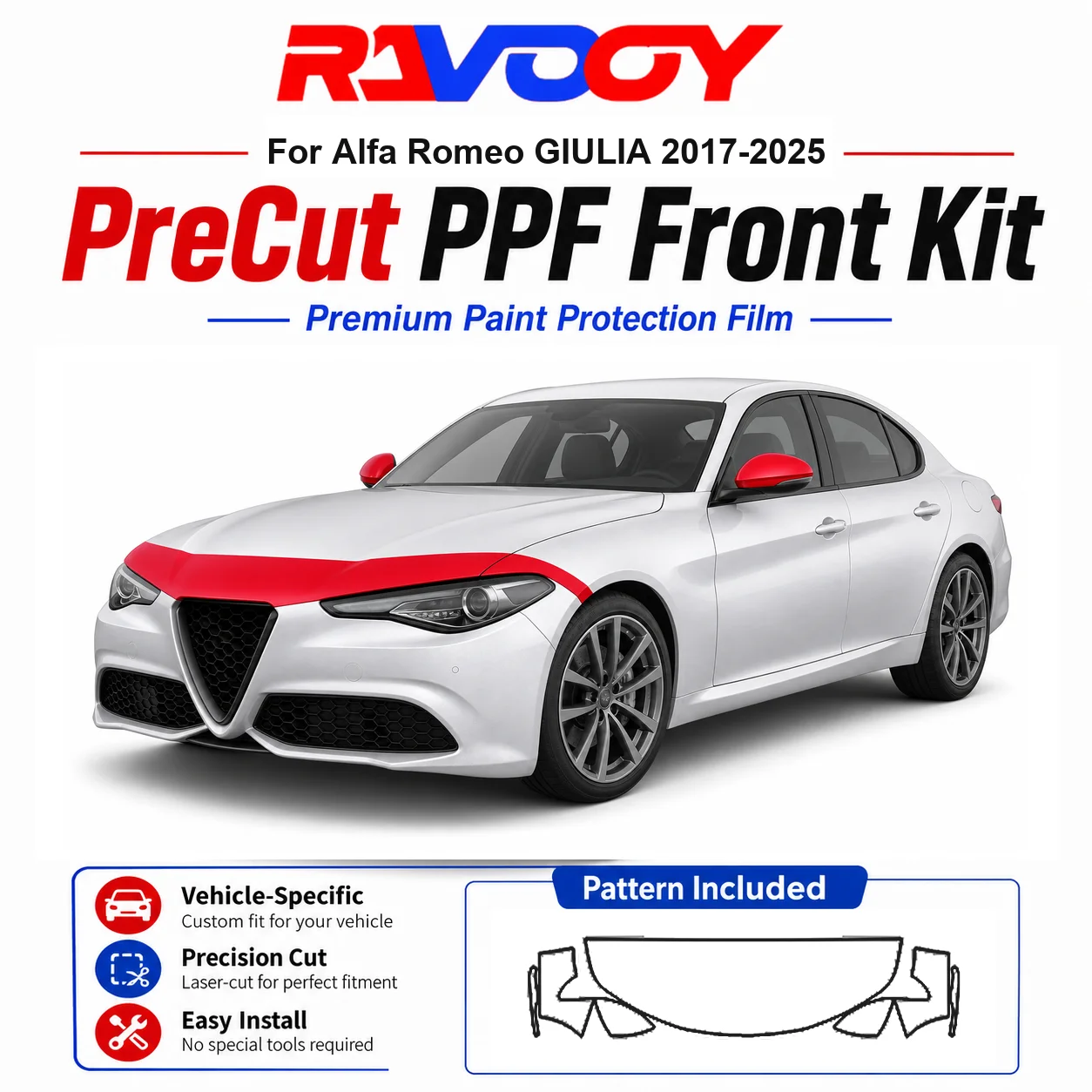 

8.5mil TPU Precut PPF Kit For Alfa Romeo GIULIA 2017-2025 - Hood, Fenders & Mirror Set - Self-Healing Clear Bra Film