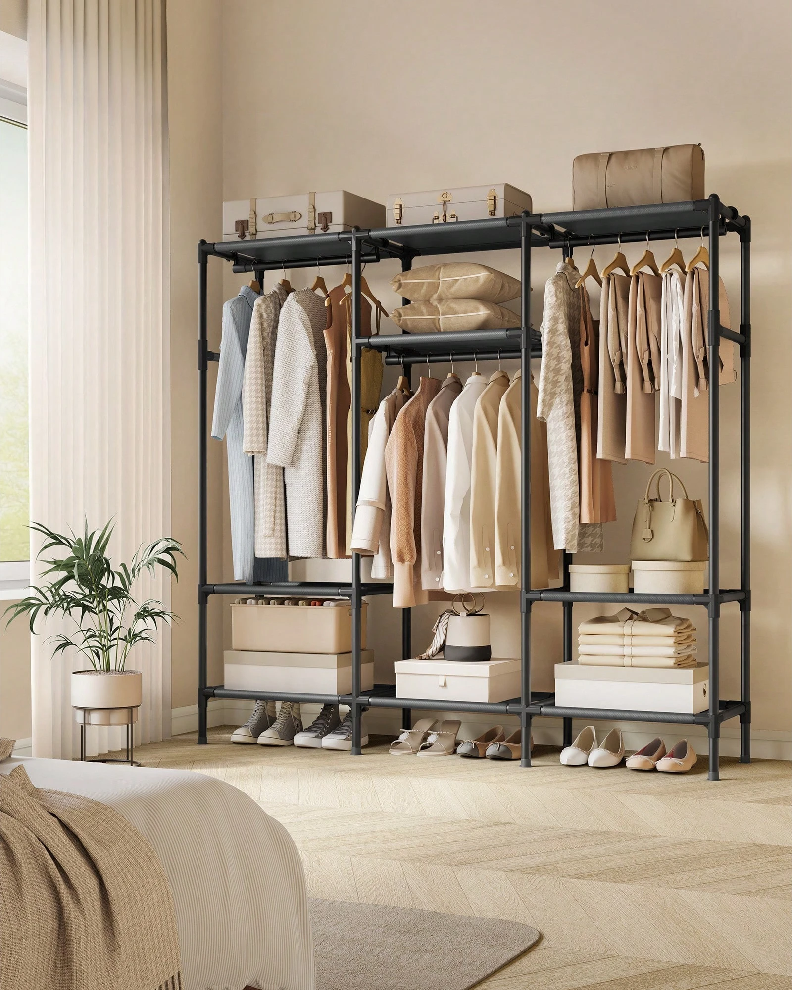 Clothes Rack, Portable Closet, Heavy Duty Wardrobe Closet Organizer With Hanging Rails And Shelves, 74.8