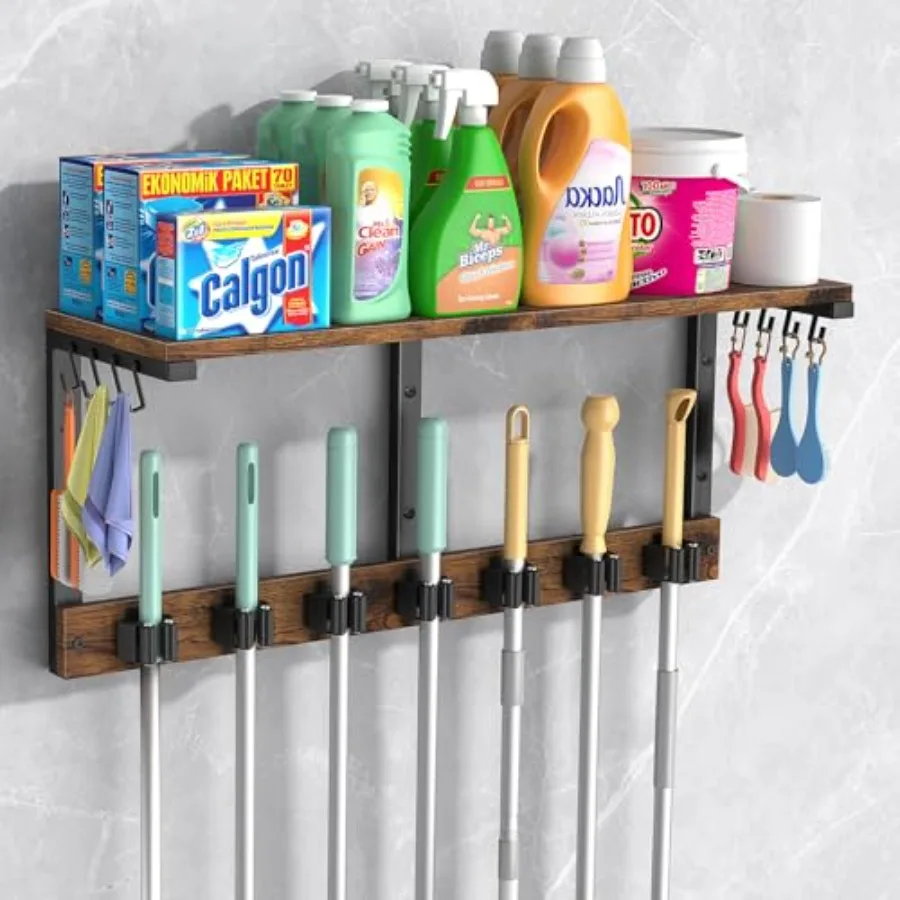 

Broom Holder Wall Mount with Cleaning Supplies Organizer 100 LBS High Load-Bearing Laundry Room Storage Shelves Multifunctional