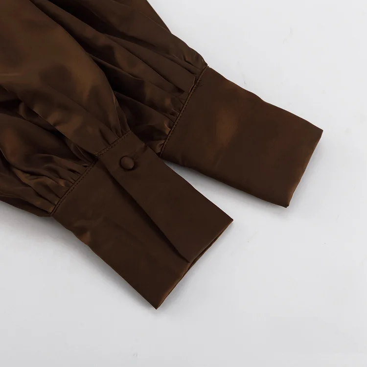 Elegantes Damenkleid mit Schnürung, Herbst-High-End-Satin, Stehkragen, lange Ärmel, Krawatte, A-Linien-Rock, modisches, lockeres braunes Minikleid