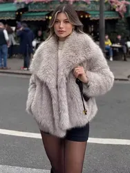 Winter Artificial Fur Woman Coat Thick Lapel Long Sleeves Loose Female Top Vintage Outerwear Streetwear Women's Cardigan
