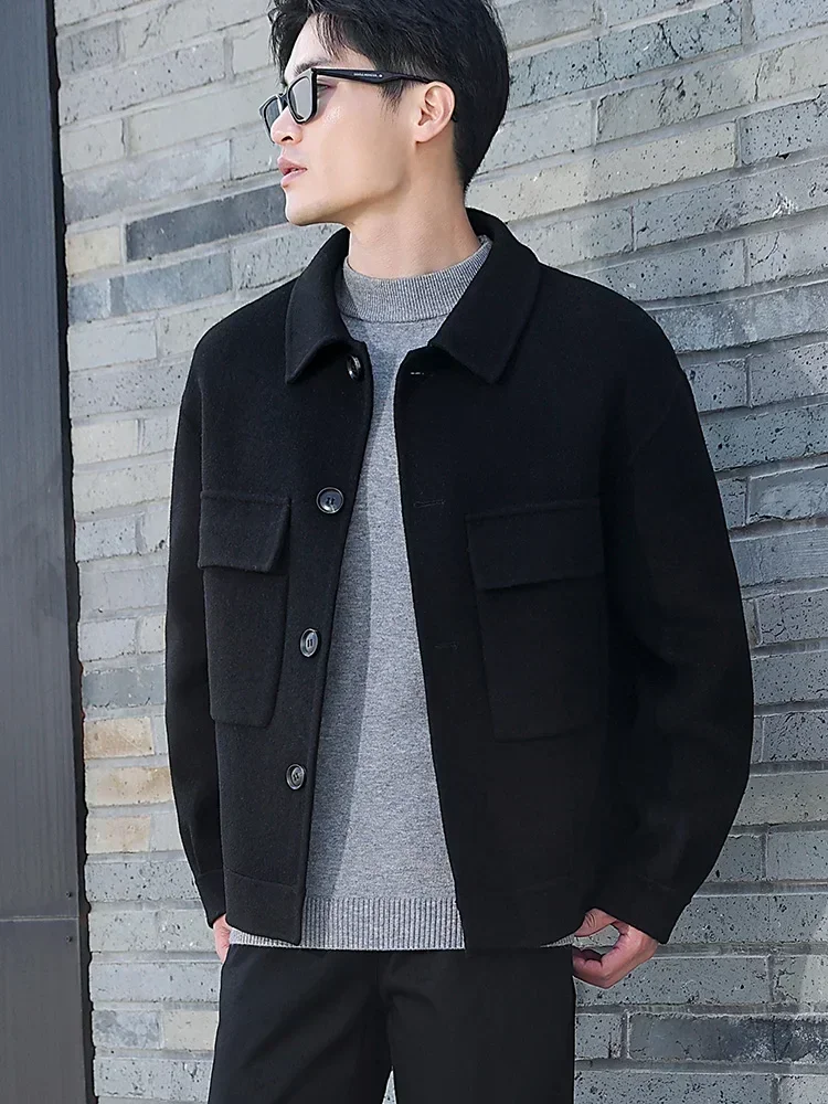 2024 Autumn and Winter Men's Double-Sided Woolen Coat Loose Jacket Collar Short Style Young Man Cashmere Coat Top Tidal Current