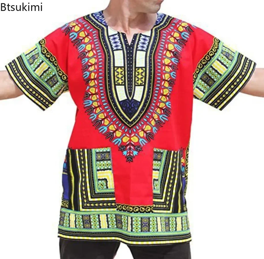 2024 African Dashiki Cotton Shirts Men Festival Clothing Fashion Retro Short Sleeve Print Shirts Bohemian Craft Clothes Shirts