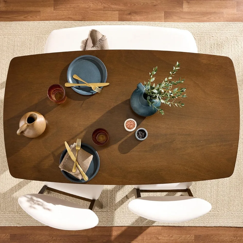 

4-Piece Mid-Century Modern Wood Dining Kitchen Table & Chair Set w/ 2 Upholstered Chairs, Bench Seat - Walnut/Cream, Customized