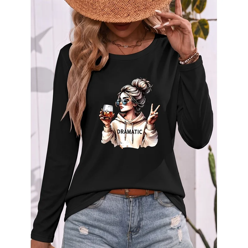 Printed Crewneck Long Sleeve T Shirt For Women Fashion Bun Hairstyle Girl With Glasses Raising Toast Victory Gesture Soft Comfor