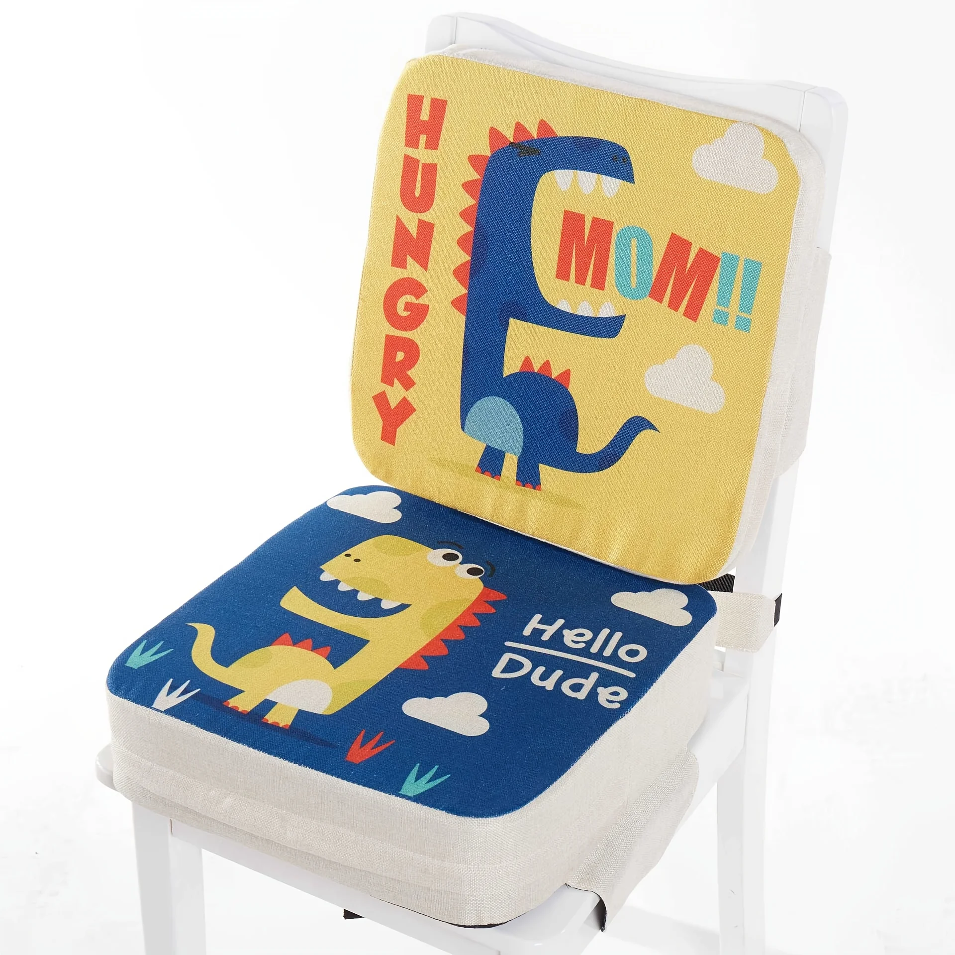 Dinosaur-Themed Dining Chair Booster Cushion - Portable Non-Slip Easy-Clean Polyester Jacquard & High-Density Sponge Blue/Yellow