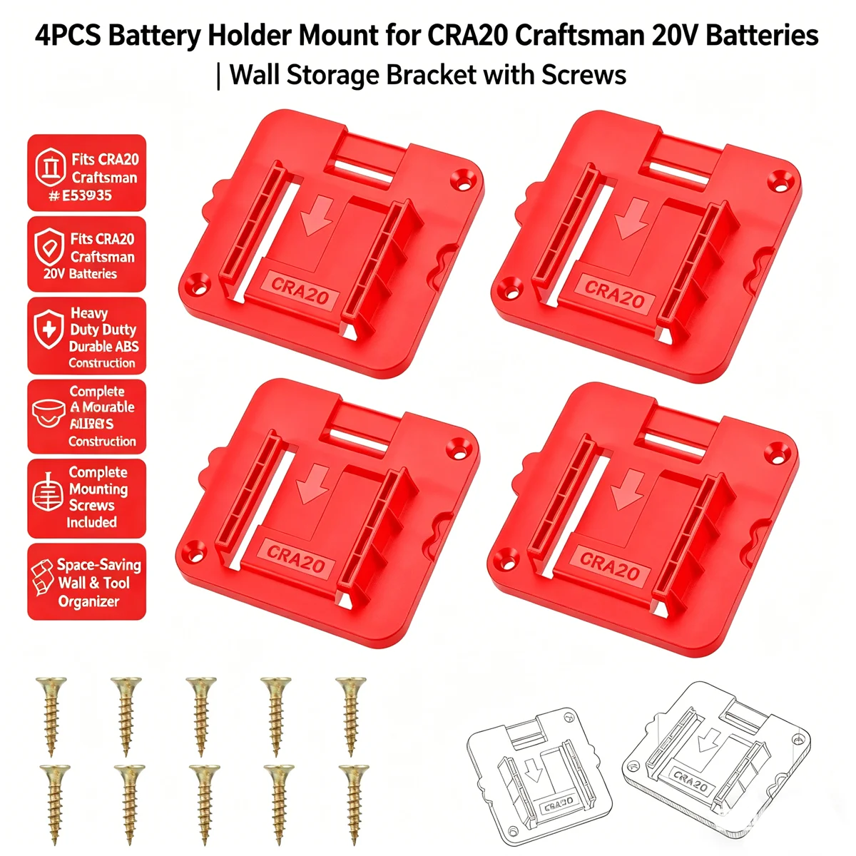 

5/6Pcs Battery Holder for Craftsman 20V Battery Tools Machine Holder Storage Rack Wall Mount for CMCB204 CMCB202(No Battery)