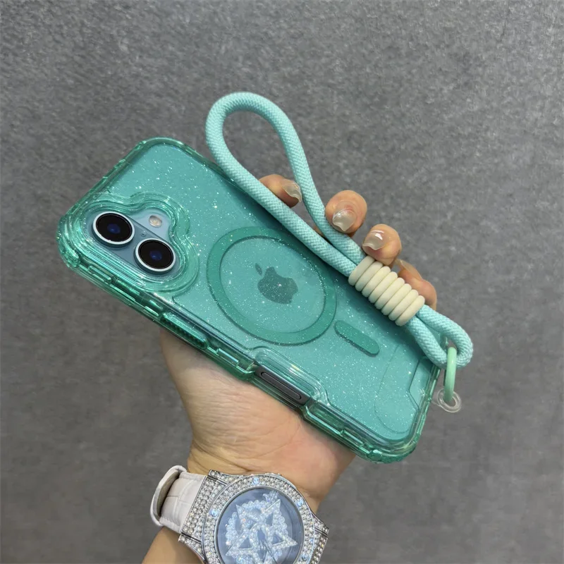 Glitzer Transparent Magnetisch für Magsafe Hülle für iPhone 17 15 14 Plus 13 16 Pro Max Handgelenkschlaufe Lanyard stoßfeste Rüstungsabdeckung – Detail 8