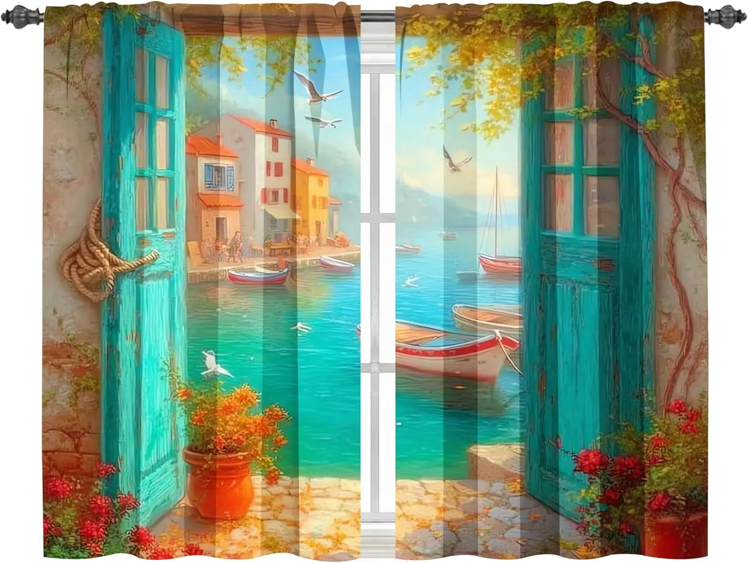 Mediterranean Coastal Tropical Window Curtain Drapes Italian Venice Canal View Summer Nautical House Light Filtering Decor Print