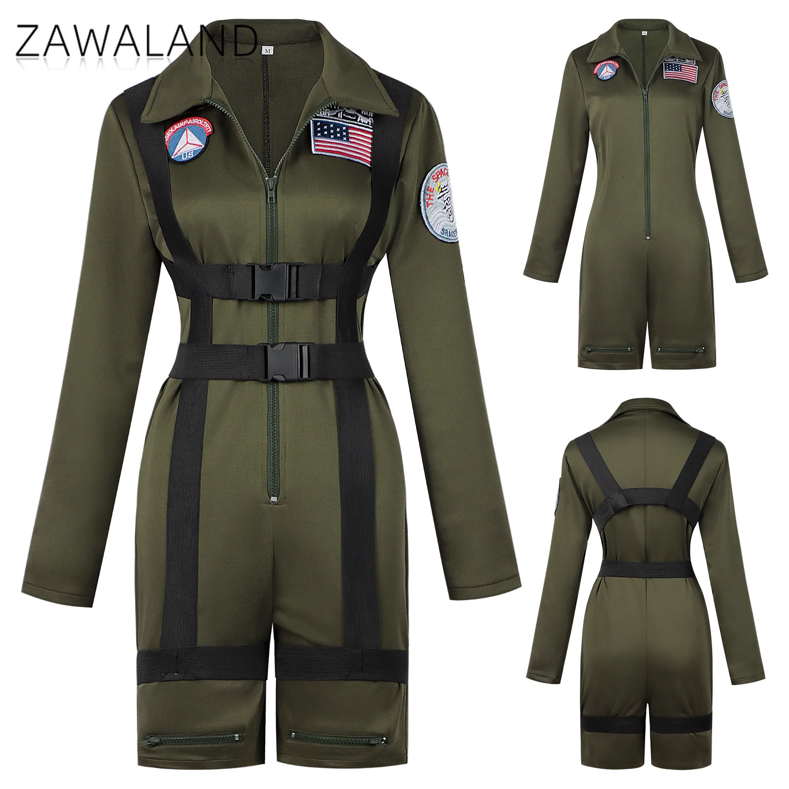 

Army Green Pilot Cosplay Costume Halloween Stage Performance Uniform Movie Character Dress Up Jumpsuit Female Carnival Outfits