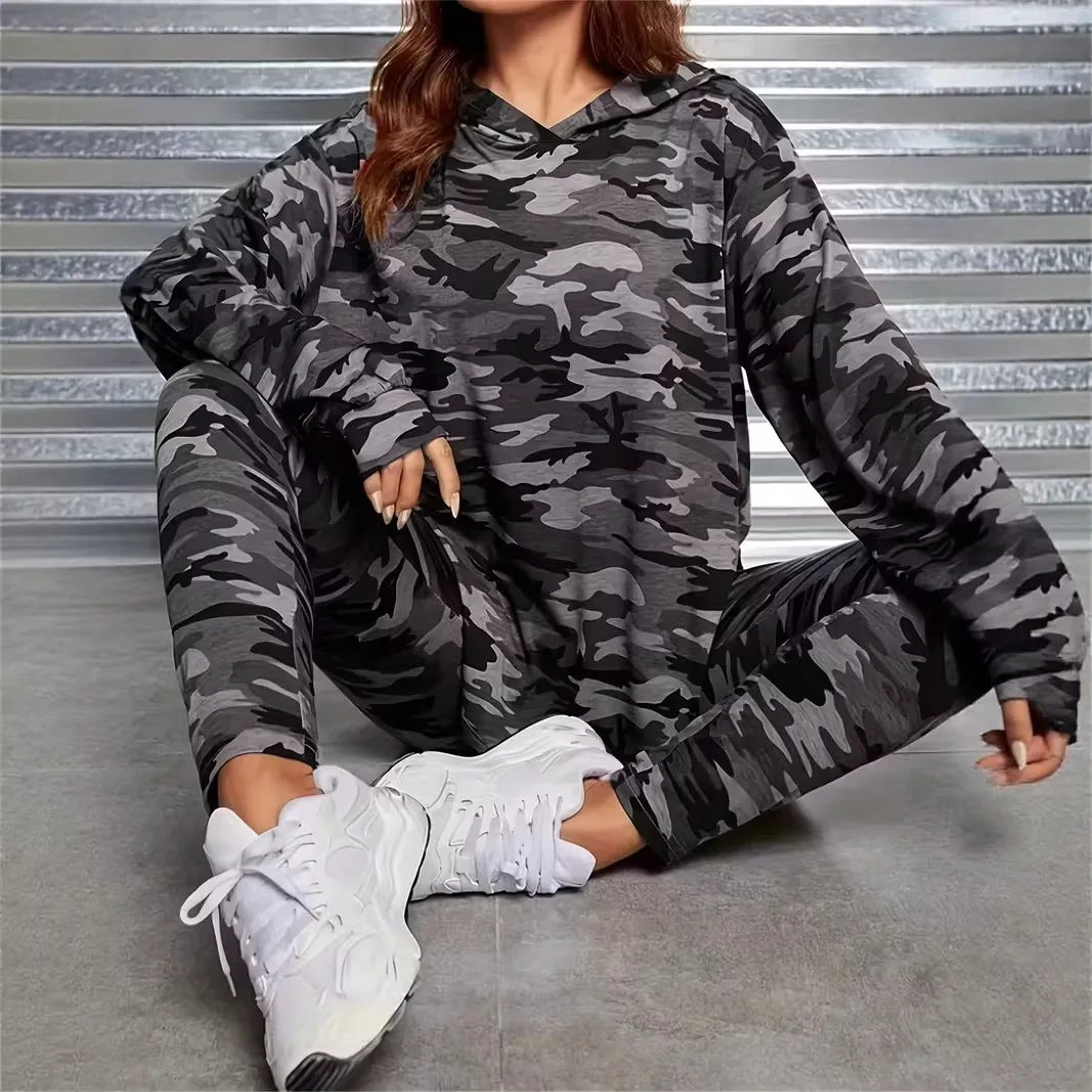 Women's Tracksuit Two Piece Pants Set Hooded Long Sleeve Camo Print Slim Fit Casual Autumn Winter Sports Suit