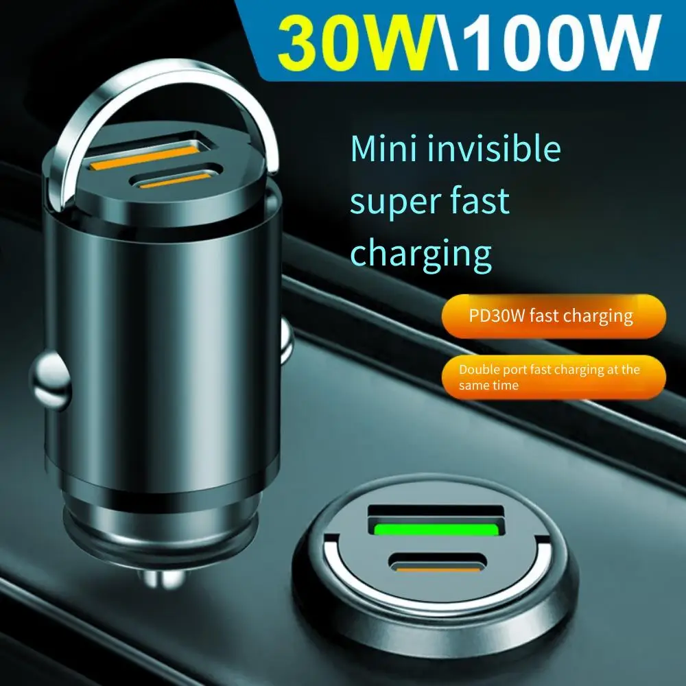 Hidden Mini 100W Car Charger Pull Ring USB+Type C Fast Charger Adapter For iPhone 16 15 Xiaomi Samsung Car Quick Charger