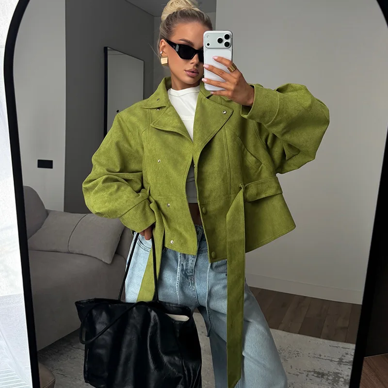 Green Solid Notched Collar Short Outerwears with Belt Slim Stylish Wind Breaker Jacket Single Breasted Elegant Trench Coat Women
