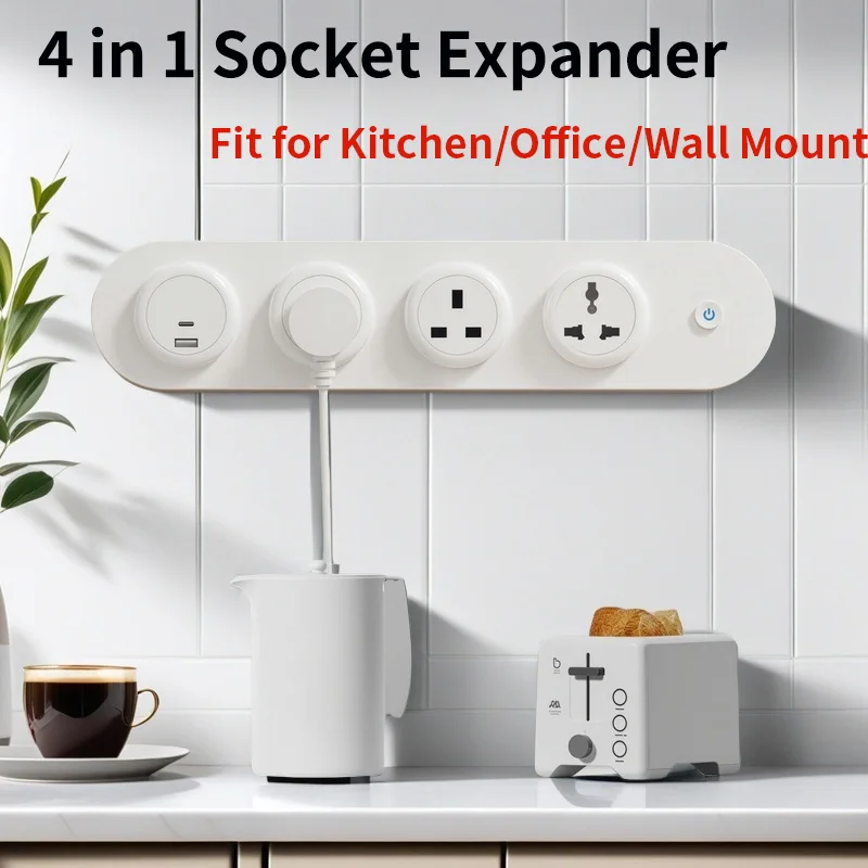 4-in-1 Wall-Mounted Power Strip with Switch, EU/US/UK Sockets & USB-C Port, 4000W for Kitchen/Desktop