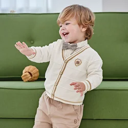 Dave Bella Children Boy's 2024 Spring New Fashion Casual Knitted Sweater Cardigan Overcoat Tops Cotton Academic-Style DB1248293